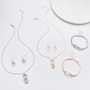 Cat-themed cat's eye opal necklace earrings and bracelet set in silver and rose gold