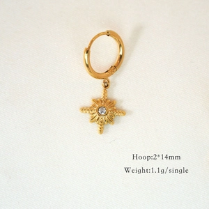 Detail view of gold star pendant earring with 2x14mm hoop and 1.1g weight specs