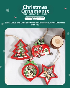 Detailed view of four festive wooden Christmas ornaments with strings for home decoration