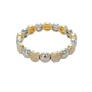 Fashionable gold and silver beaded elastic bracelet with sparkling crystal paved zircon spheres