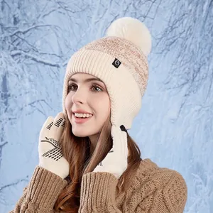 Winter thermal knit beanie hat with faux fur pom and matching touch screen gloves set