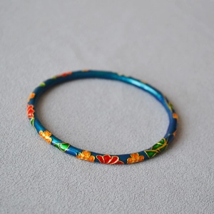 New Chinese style brass gold plated enamel blue ginkgo flower slim bangle bracelet