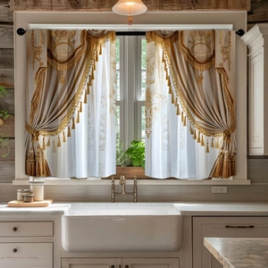 Detail of beige kitchen curtains featuring gold tassels and 3D digital printing