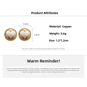 Detail view of heart-shaped earrings showing dimensions 1.2x1.2cm and silver needle pins