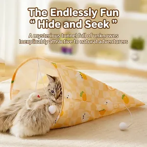 Checkered cat tunnel toy with carrot patterns featuring hanging plush mouse and ball