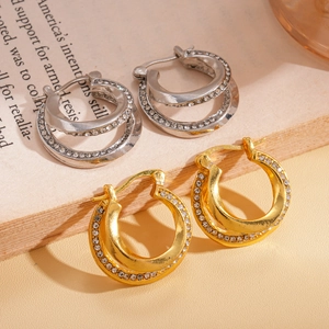 Double layered geometric hoop earrings with crystals in gold and silver finish