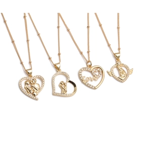 Heart Pendant Necklace Copper Gold Plated Zircon Love Family Angel Wings Romantic Jewelry Gift For Women