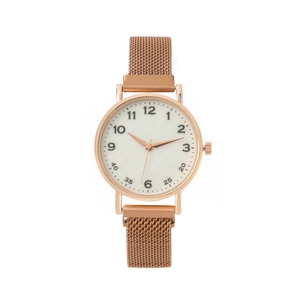 Elegant rose gold mesh strap watch with a minimalist white round dial for women