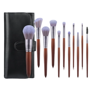 Kit de 11 pinceaux maquillage bois avec poils violets et pochette de rangement en cuir PU