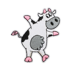 Toppa ricamata a forma di mucca cartoon con dettagli rosa e macchie nere per borse