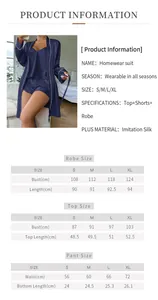 Detailed size chart for the three-piece ice silk pajama set including robe and shorts