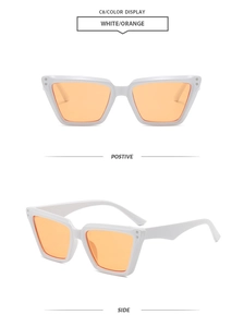 Front and side view of cat-eye sunglasses with white frame, orange lens, and metal rivets