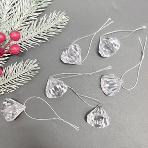 Set of 6 clear acrylic diamond Christmas tree ornaments with silver hanging strings