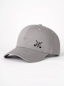Close-up of the grey cotton twill baseball cap with black embroidered golf clubs logo