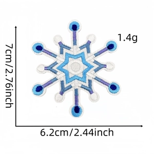 Detail view of blue and purple snowflake embroidery patch with exact size measurements