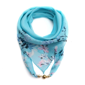 Blue floral chiffon scarf with golden magnetic beads shown on a white background