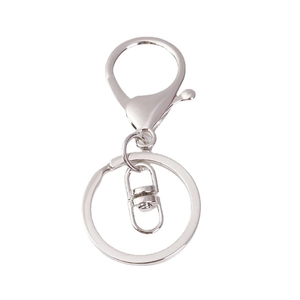 Polished silver metal lobster clasp with round key ring and swivel connector on white back