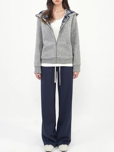 Women's low waist drawstring wide leg joggers and grey hoodie set with plaid lining