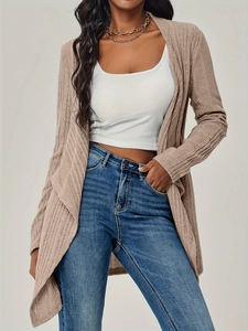 Cárdigan largo de punto acanalado beige para mujer con mangas largas y estilo abierto