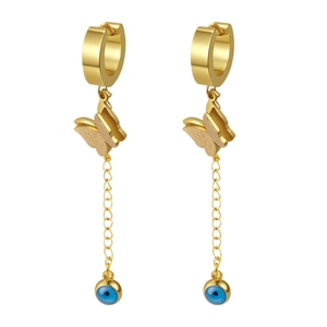 Golden butterfly tassel drop earrings with blue bead accents on a clean white background
