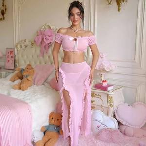 Pink sheer mesh two-piece pajama set with off-shoulder crop top and high slit maxi skirt