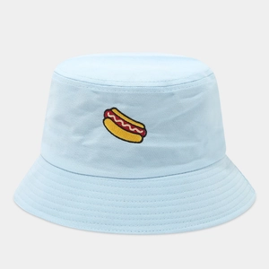 Close-up of hot dog embroidery on a light blue cotton bucket hat with fine stitching