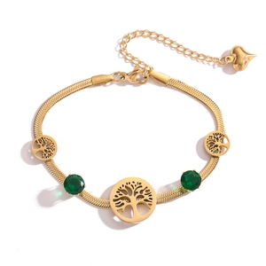 Goldenes Lebensbaum-Armband mit grünen Zirkonia und Herzanhänger an Schlangenkette
