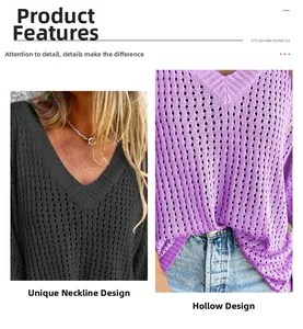 Detail von V-Ausschnitt und hohler Stricktextur bei diesem stilvollen Vielseitigen Pullover