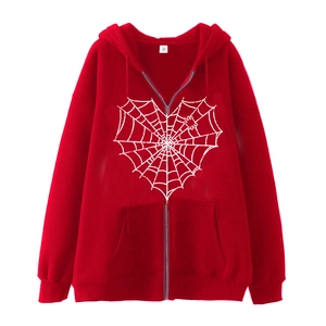 Red zip-up hoodie featuring a white heart spider web graphic print on center front