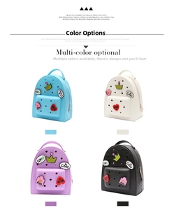 Collage of colorful EVA hole backpacks in blue, white, purple, and black with cute charms