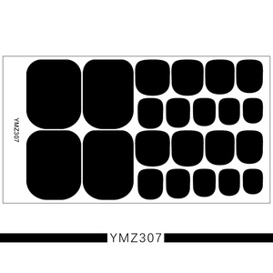 Flat lay of YMZ307 black solid color toe nail stickers set with 20 pieces in various sizes