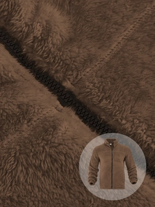 Close-up of brown polar fleece fabric texture and durable zipper on men jacket