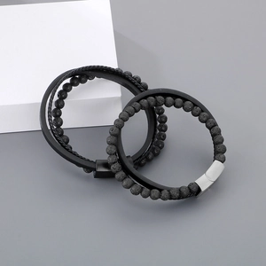 Men's multilayer black leather bracelet with volcanic stone beads and magnetic metal clasp