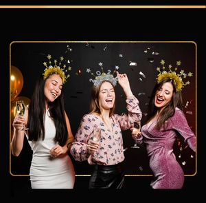 Three women wearing 2024 fireworks headbands at a New Year party with confetti and champagne