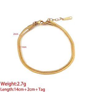 Double-layered gold stainless steel bracelet with flat snake and round link chains