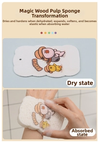 Cartoon wood pulp sponge shown in both dehydrated dry and water expanded thick states