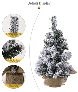 Detailed views of mini snowy Christmas tree with burlap base and snow spray finish