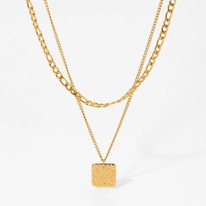 Double layered 316 stainless steel gold necklace with a square hammered pendant charm