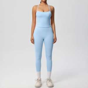 Light blue high waist yoga set with camisole top and leggings for women gym workout