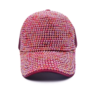 Sparkling rhinestone baseball cap with red gradient crystals and pearls for a luxury look