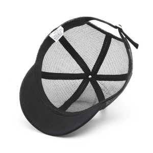 Black mesh baseball cap showing breathable structure and adjustable metal strap back