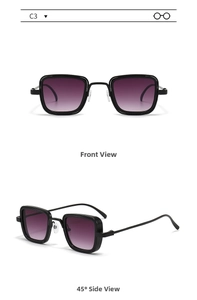 Dual view of vintage square metal frame sunglasses with purple gradient lenses