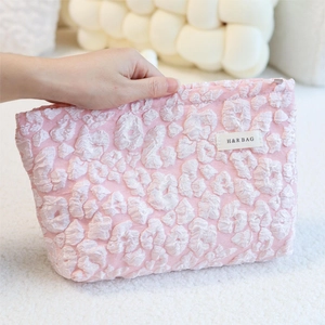 Pink embossed cloud cosmetic bag with large capacity and white zipper handle