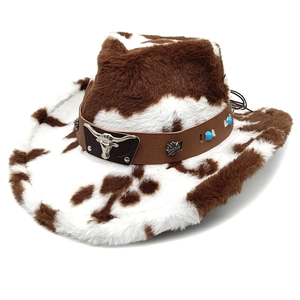 Chapeau de cowboy en peluche motif vache avec boucle tête de taureau et turquoise