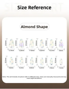 Detailed size chart for almond press-on nails with blue floral and purple bow accents