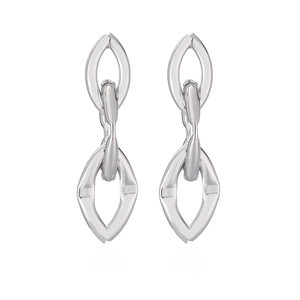Minimalist silver geometric earrings featuring interlocking diamond hoops on white background