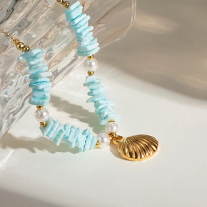 18k gold stainless steel necklace with mint green shell stone and white pearls