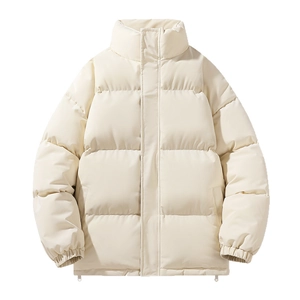 Minimalist stand collar puffer jacket in cream white with wide quilted horizontal padding