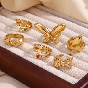 Detailed set of six 18K gold-plated geometric rings displayed in a beige velvet jewelry box