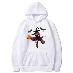 White Halloween hoodie with witch, pumpkin, and bat print in a flat lay style